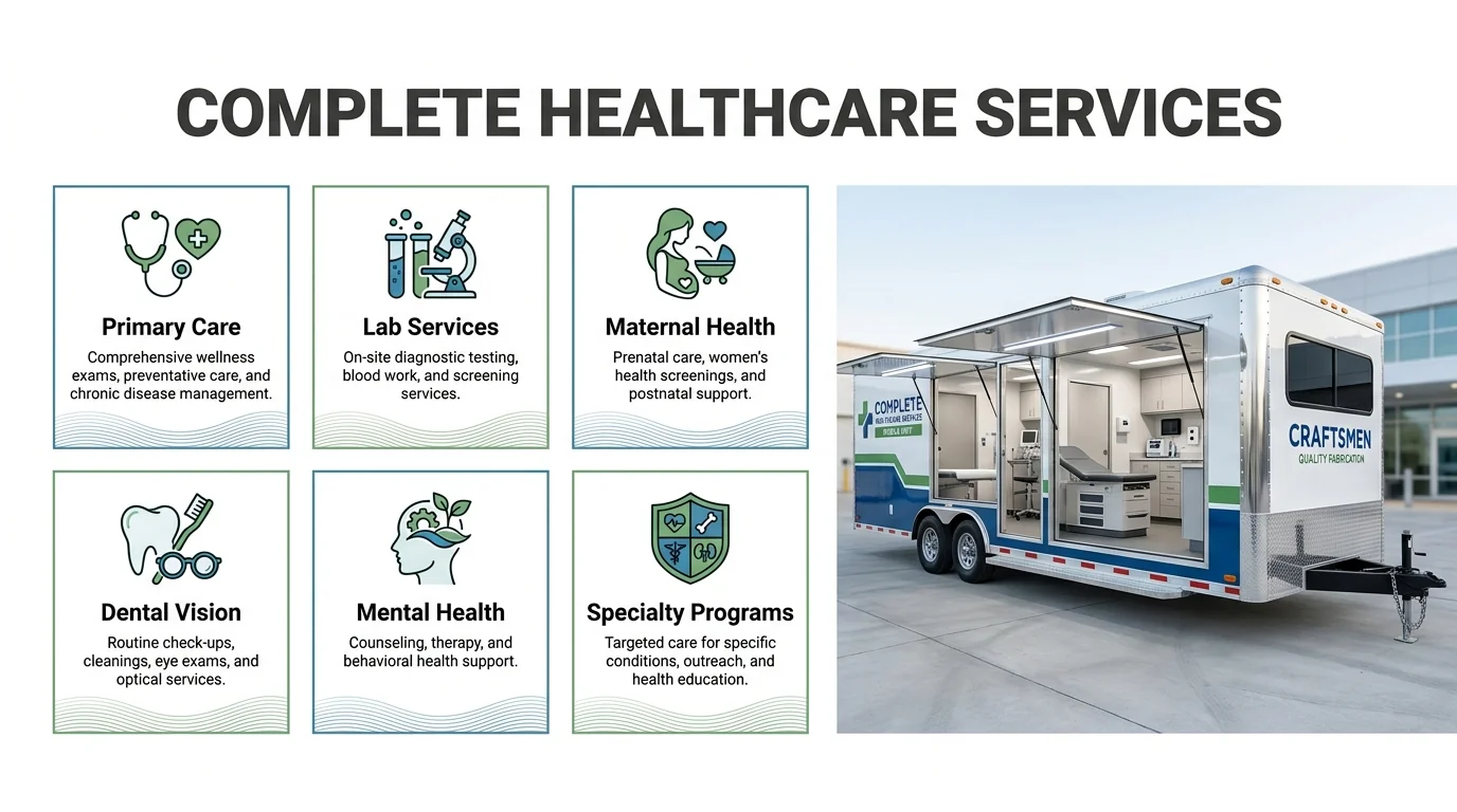Mobile clinic services graphic covering primary care, laboratory testing, maternal health, dental and vision care, mental health and specialist programmes.