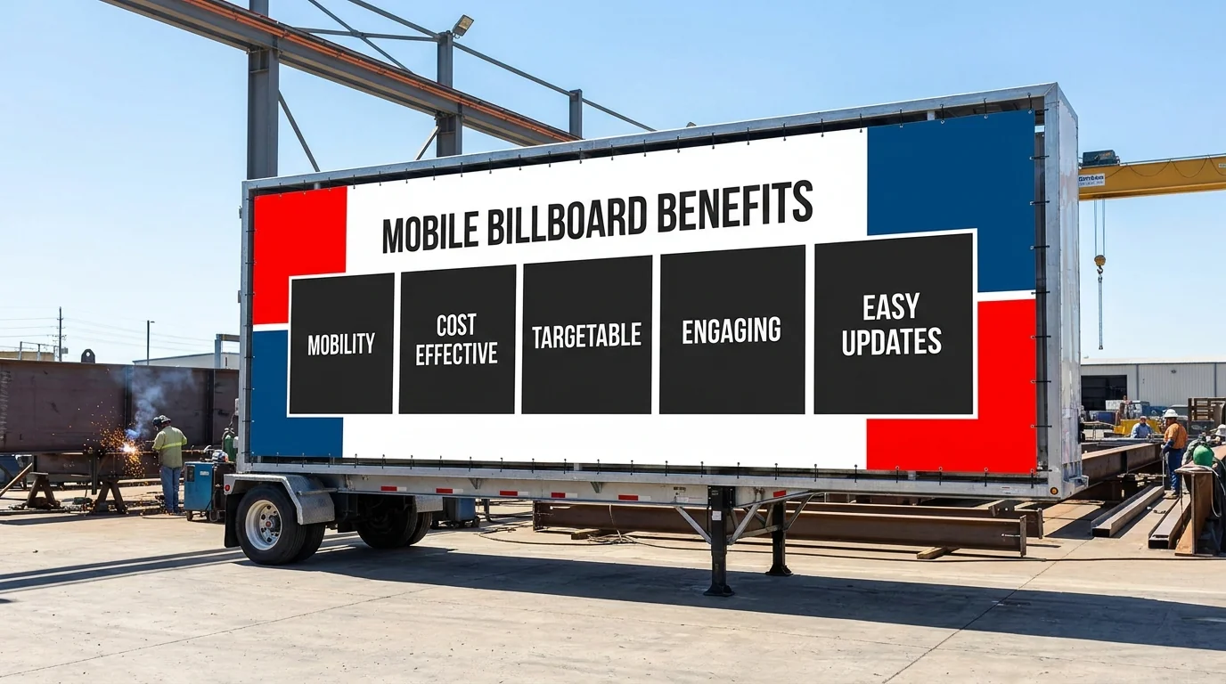 Mobile billboard trailer displaying benefits including mobility, targeting, engagement and easy content updates.
