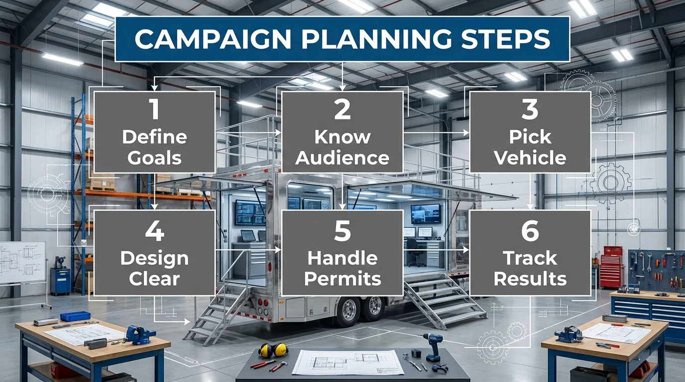 Six mobile billboard campaign planning steps covering goals, audience, vehicle selection, design, permits and results tracking.
