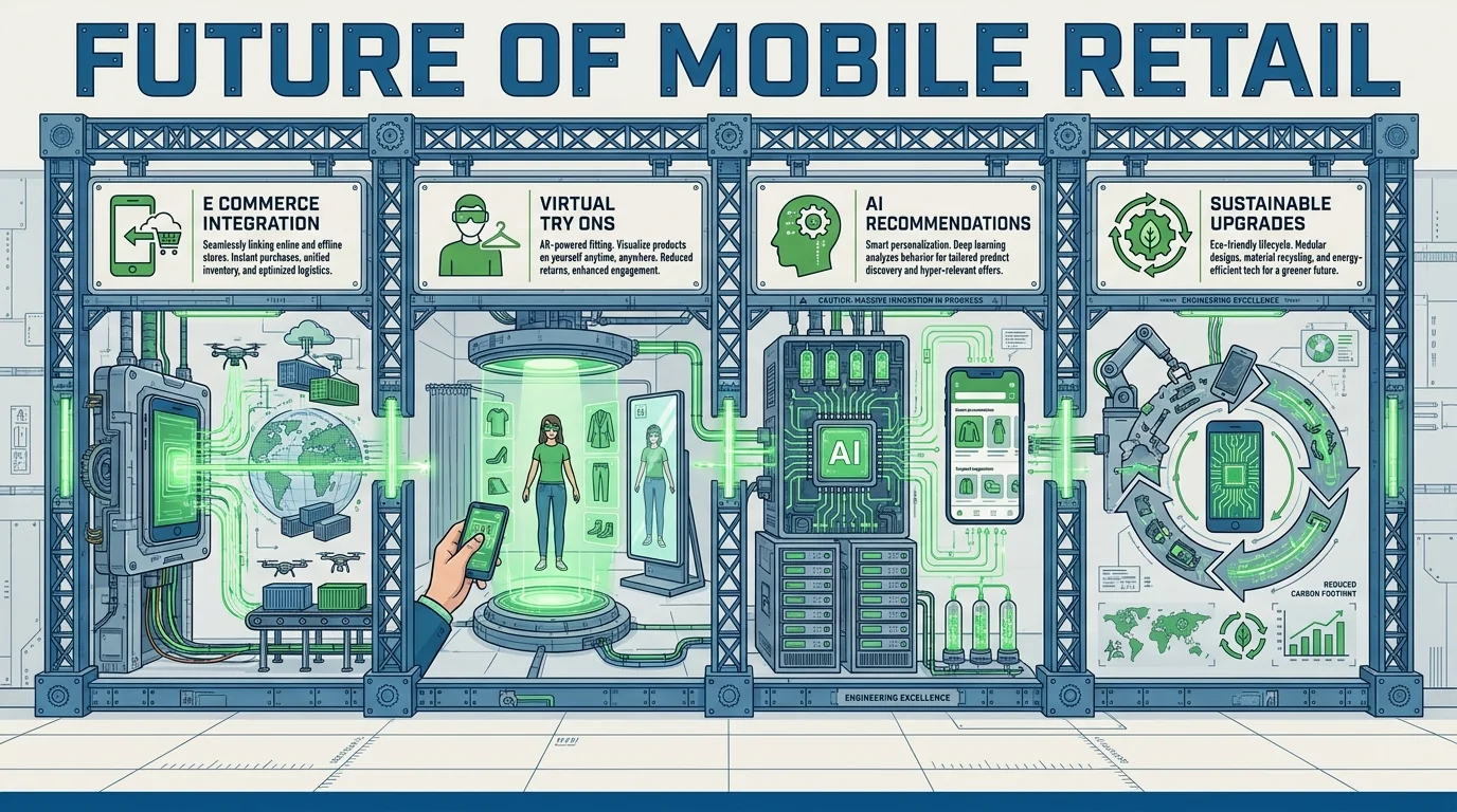 Future mobile retail concept showing e-commerce integration, virtual try-ons, AI recommendations and sustainable upgrades.