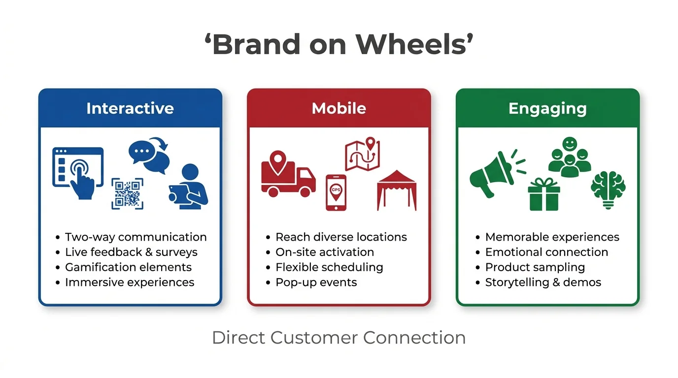 Mobile brand experience diagram connecting interactive activities, flexible locations and engaging customer experiences.