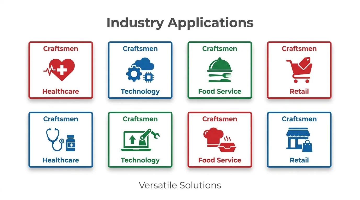 Mobile marketing applications illustrated for healthcare, technology, food service and retail.