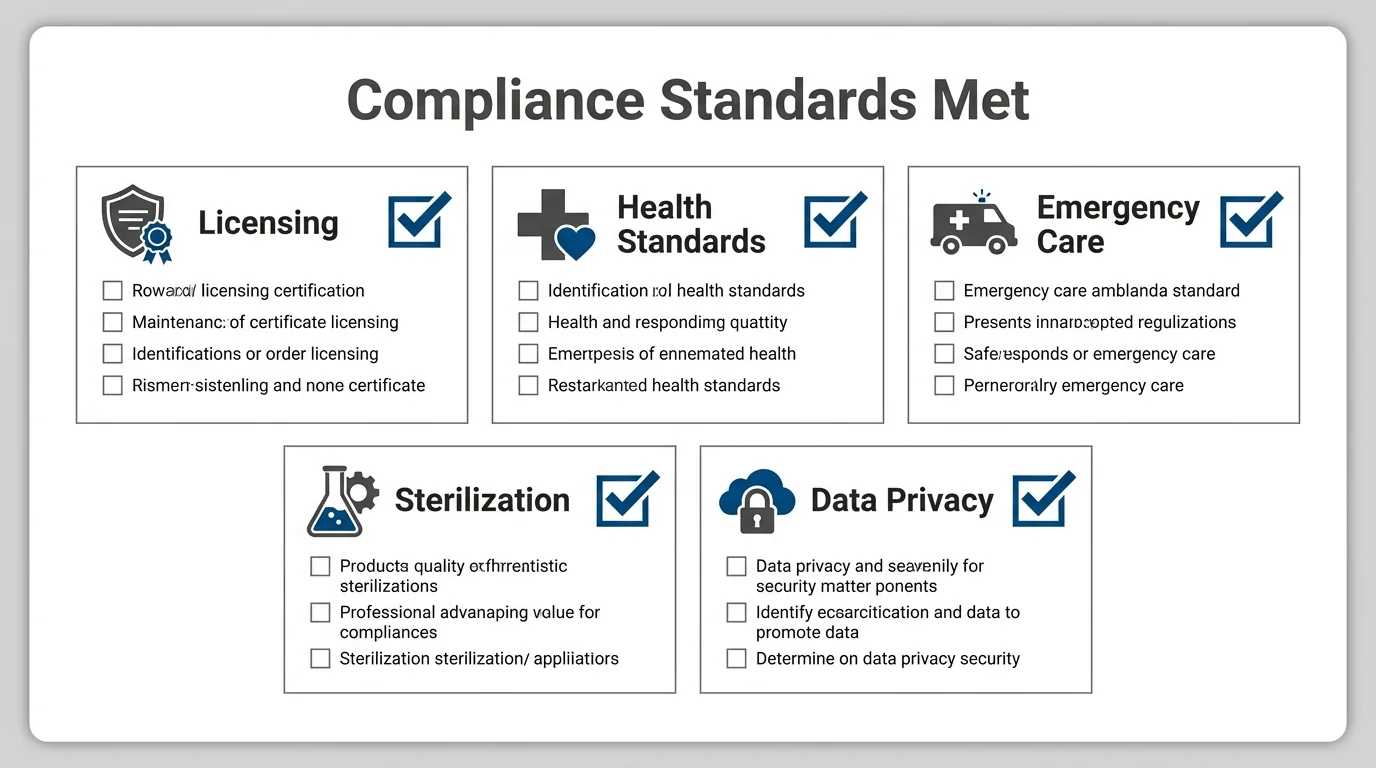 Illustrated mobile clinic checklist organised around licensing, health standards, emergency care, sterilisation and data privacy.