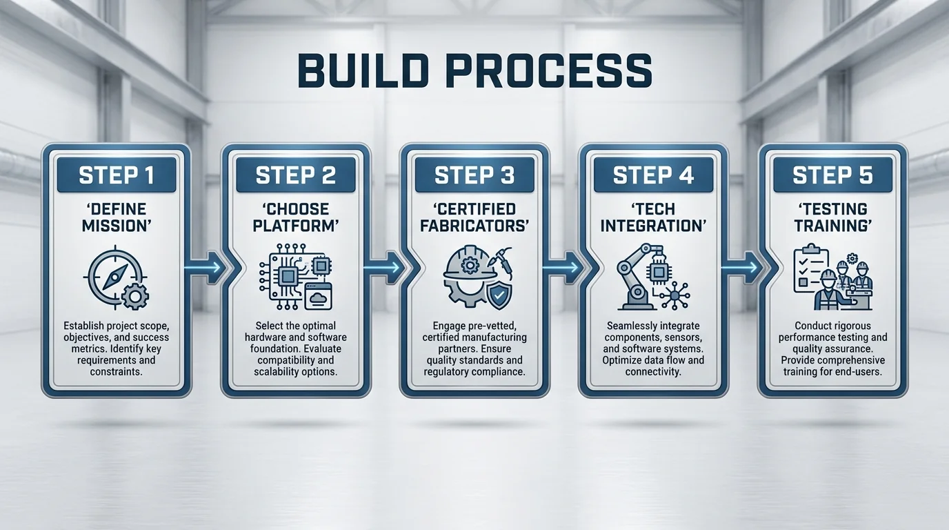 Five-stage mobile command centre build process from mission definition and platform selection to fabrication, technology integration and testing.
