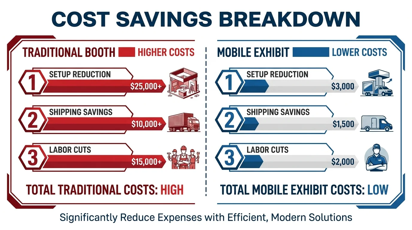 Illustrated comparison of traditional booth and mobile exhibit costs for setup, shipping and labour.