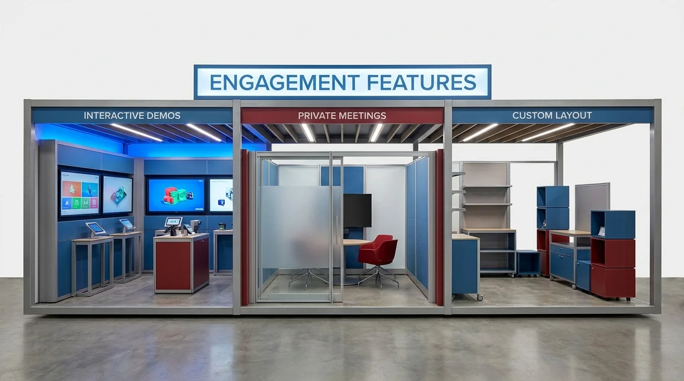 Mobile exhibit interior with interactive demonstration screens, a private meeting area and a custom display layout.
