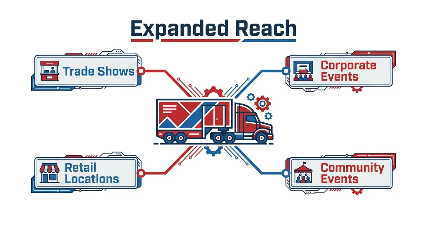 Mobile exhibit reach diagram linking a branded truck to trade shows, corporate events, retail locations and community events.