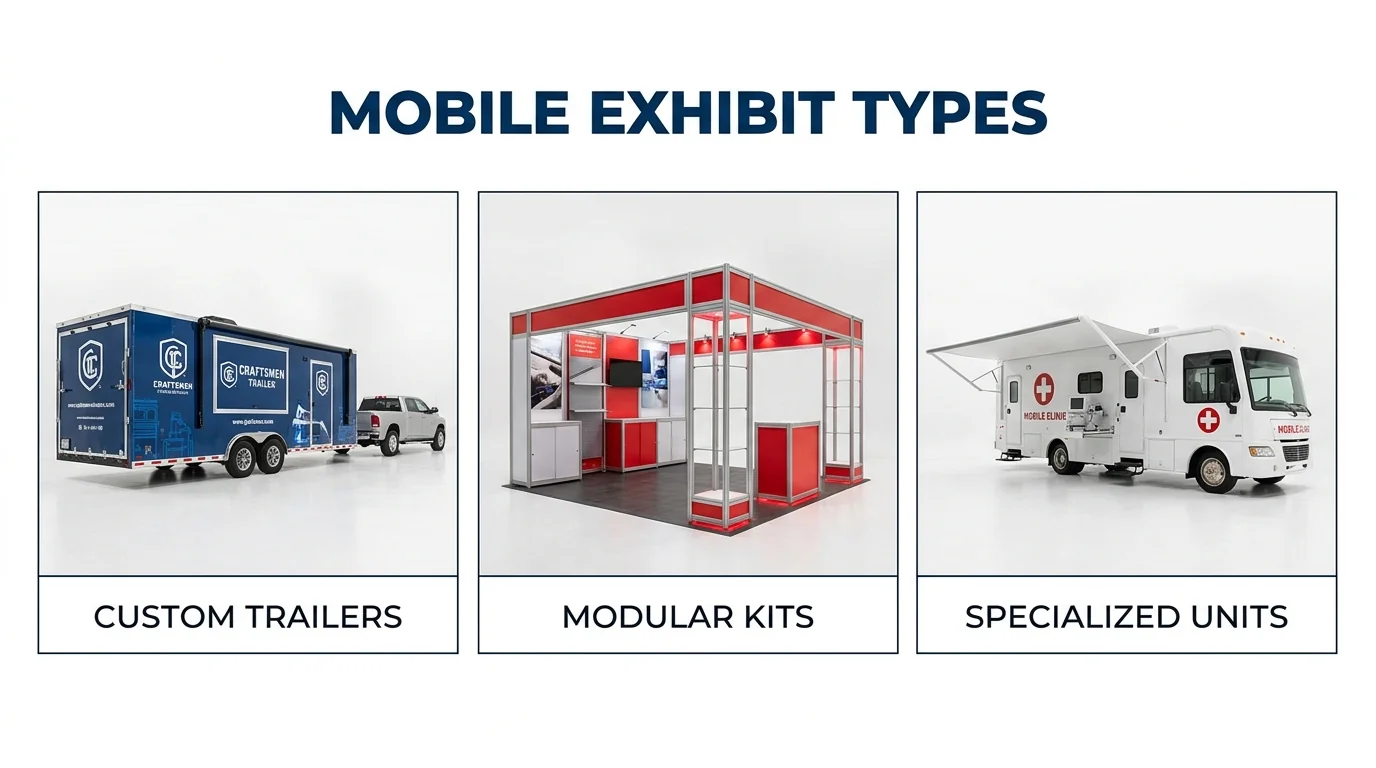 Three mobile exhibit formats: custom trailers, modular display kits and specialised mobile units.