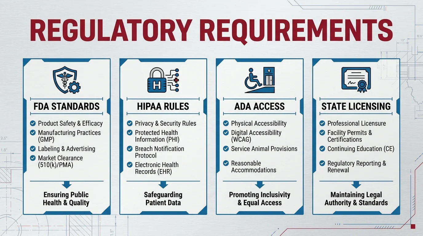 Mobile healthcare regulatory topics covering FDA standards, HIPAA privacy, ADA accessibility and state licensing.