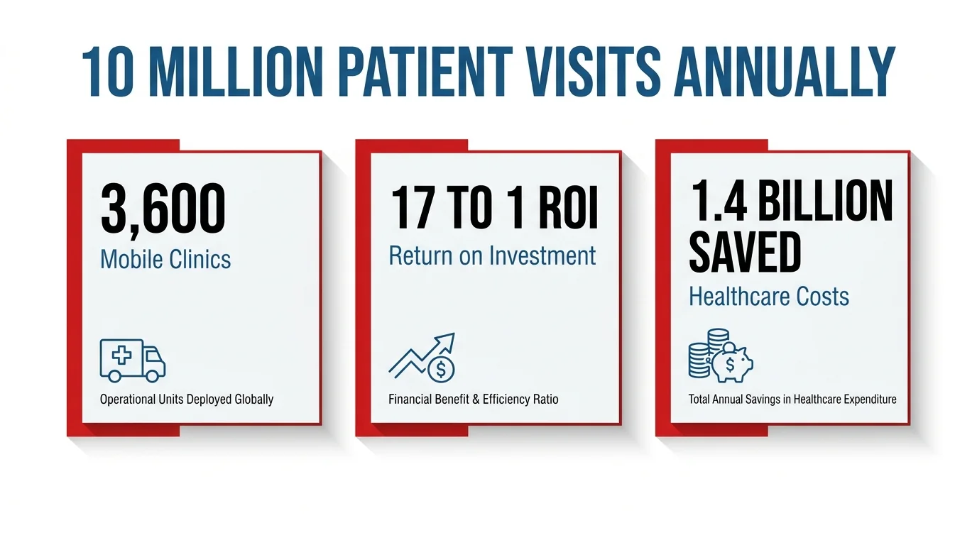 Mobile healthcare outreach infographic displaying patient visits, clinic numbers, return on investment and healthcare cost savings.
