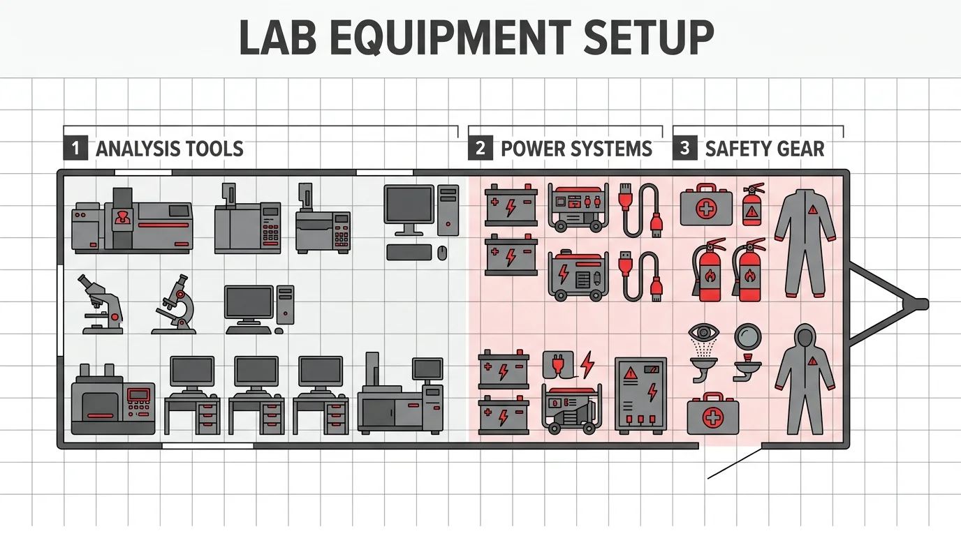 Mobile laboratory equipment plan grouping analysis tools, power systems and safety gear.