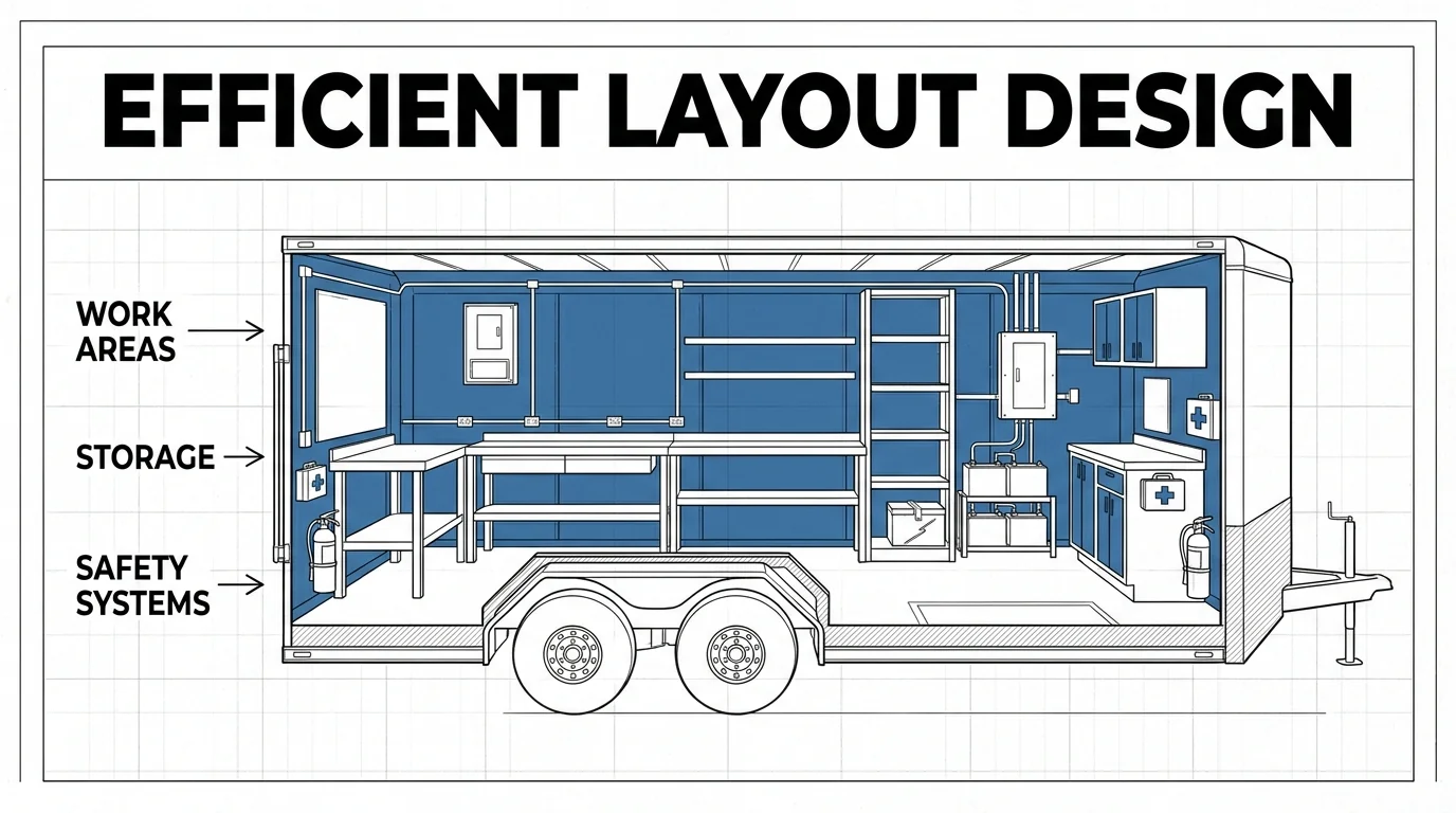 Mobile laboratory cutaway showing work areas, storage and safety systems.