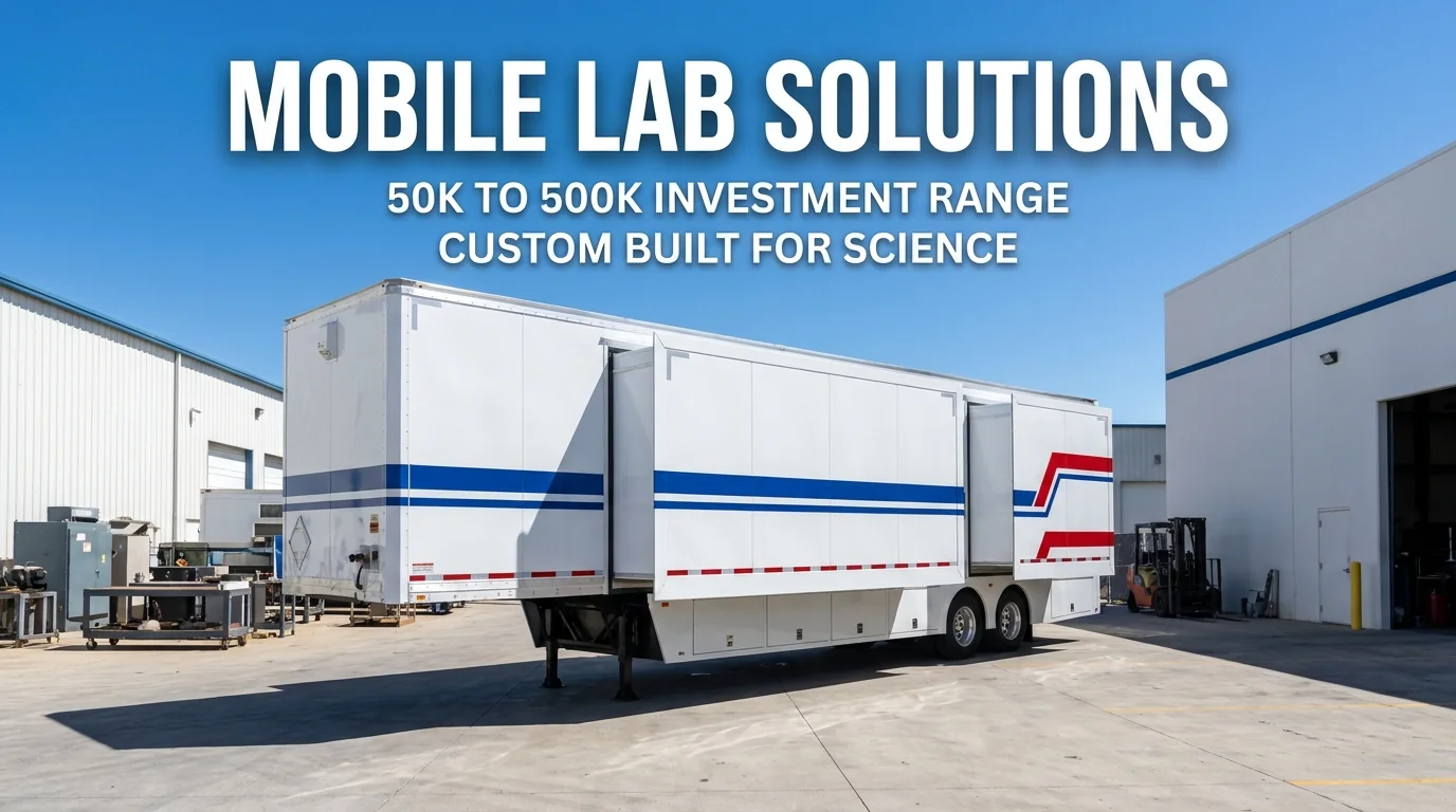Custom mobile laboratory trailer parked outside an industrial workshop.