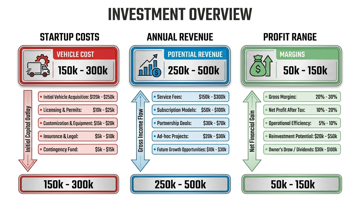 Mobile pharmacy investment overview showing startup costs, potential annual revenue and profit categories.