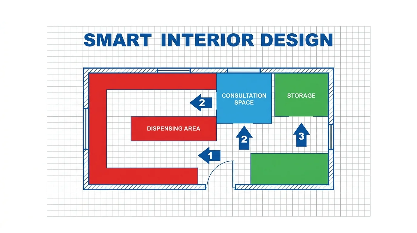 Mobile pharmacy floor plan with dispensing, consultation and storage areas connected by a circulation route.