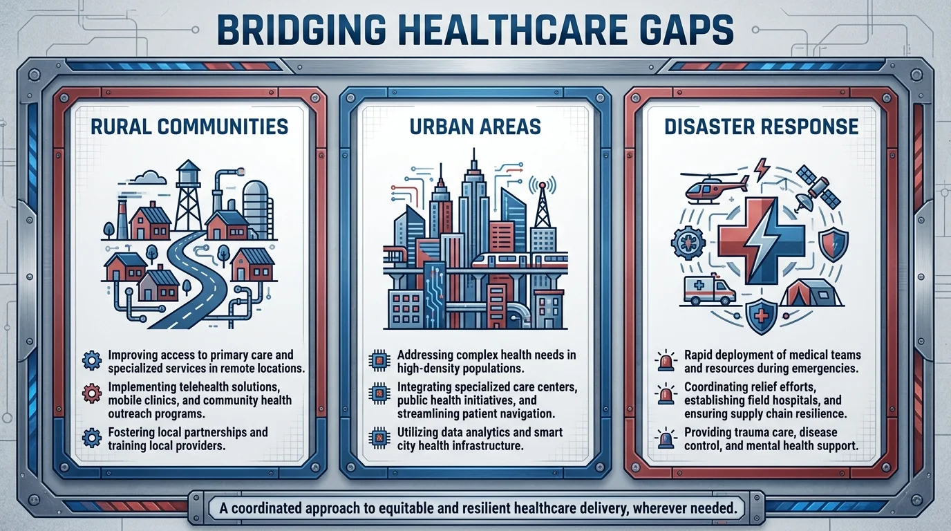 Mobile healthcare outreach serving rural communities, urban areas and disaster response.