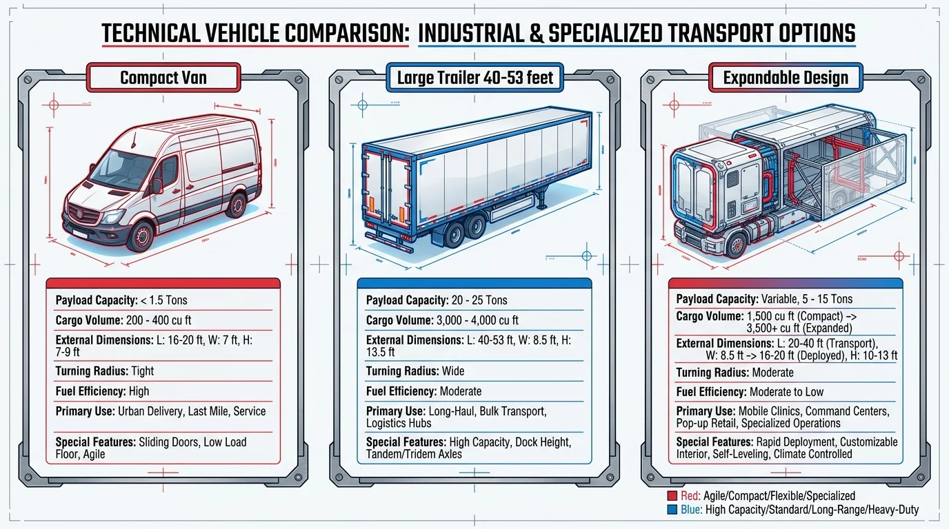 Comparison of compact vans, large trailers and expandable vehicle designs for mobile services.