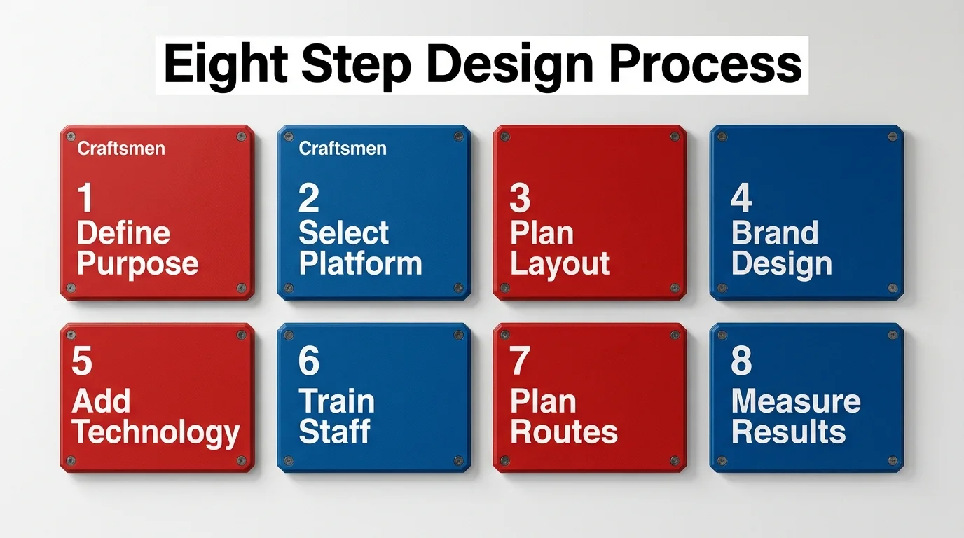 Eight-step mobile showroom design process from defining purpose and choosing a platform to route planning and measuring results.