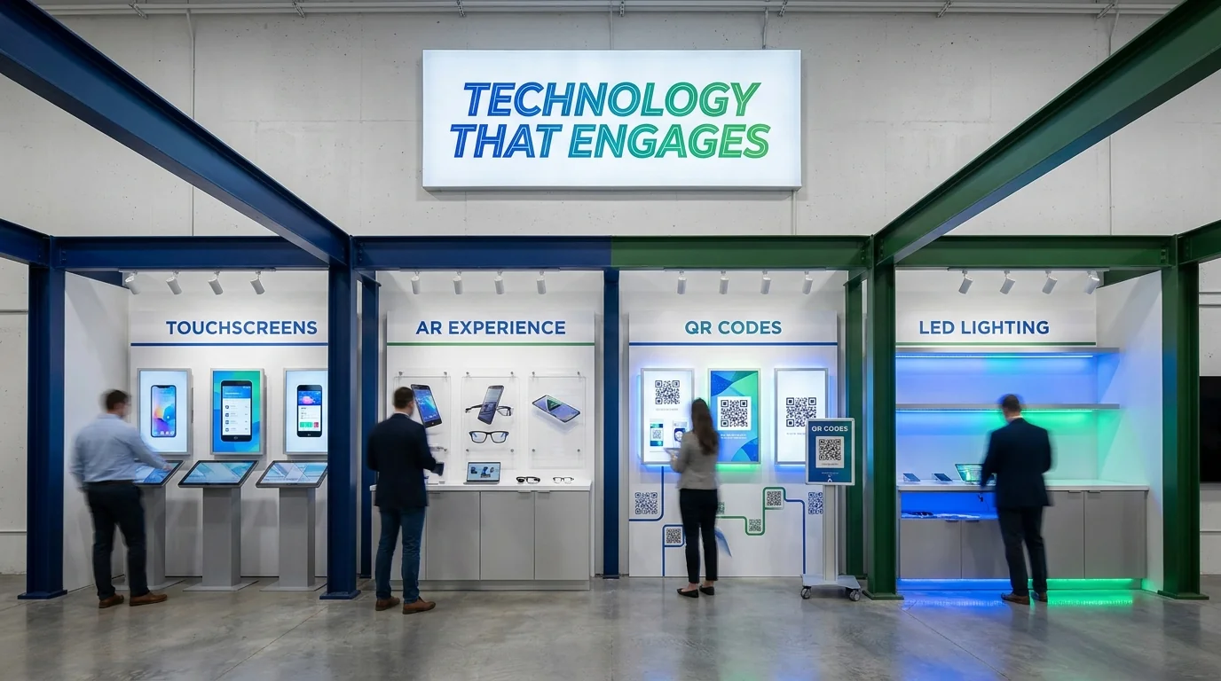 Visitors using mobile showroom displays with touchscreens, augmented reality, QR codes and LED lighting.