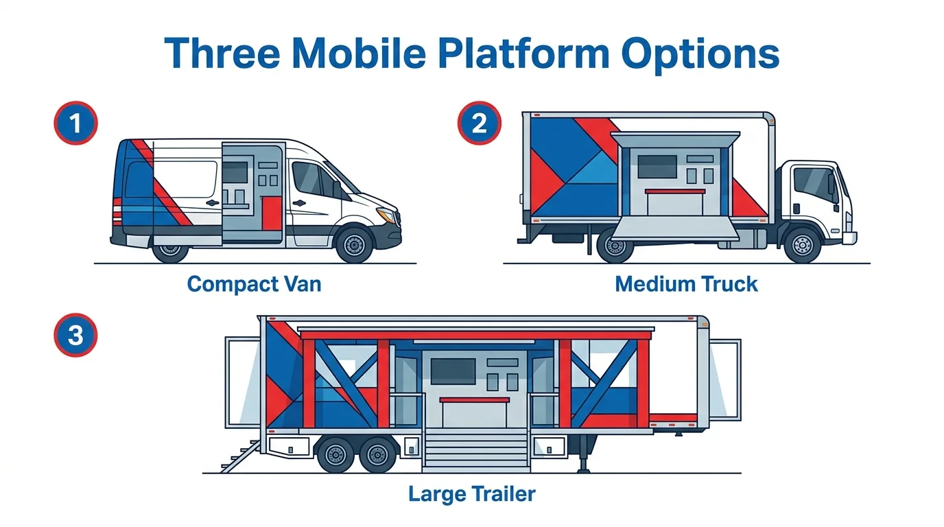 Three mobile showroom platform options illustrated: a compact van, medium truck and large trailer.