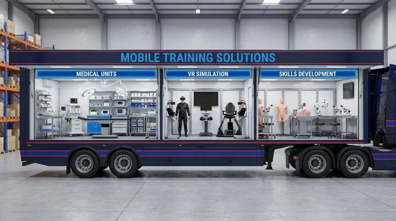 Mobile training trailer with medical equipment, VR simulation and skills development areas.