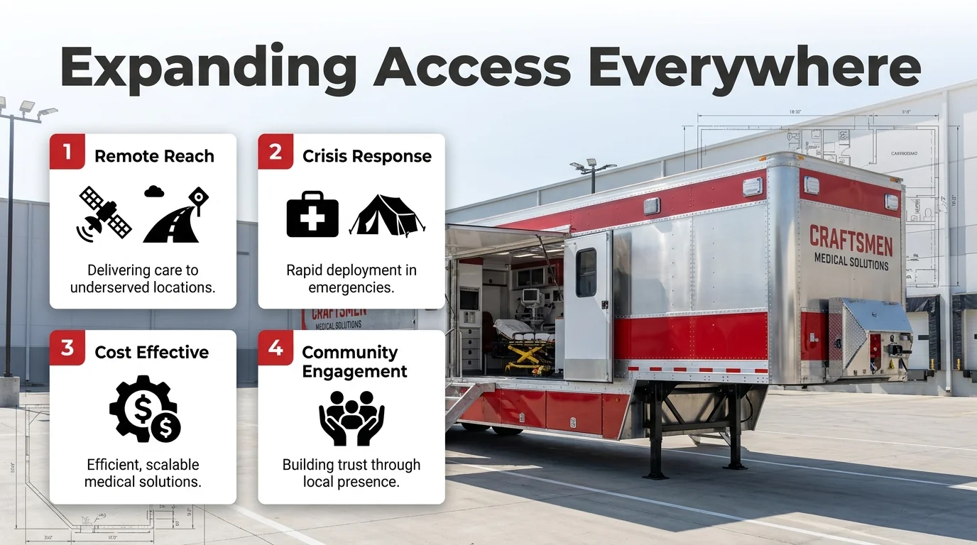 Mobile healthcare access graphic showing remote reach, crisis response, cost efficiency and community engagement beside a medical trailer.