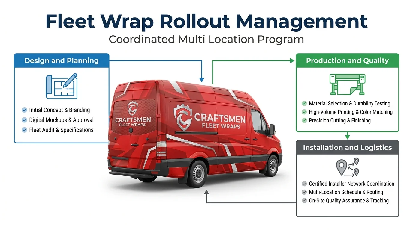 Multi-location fleet wrap rollout covering design and planning, production and quality, and installation logistics.