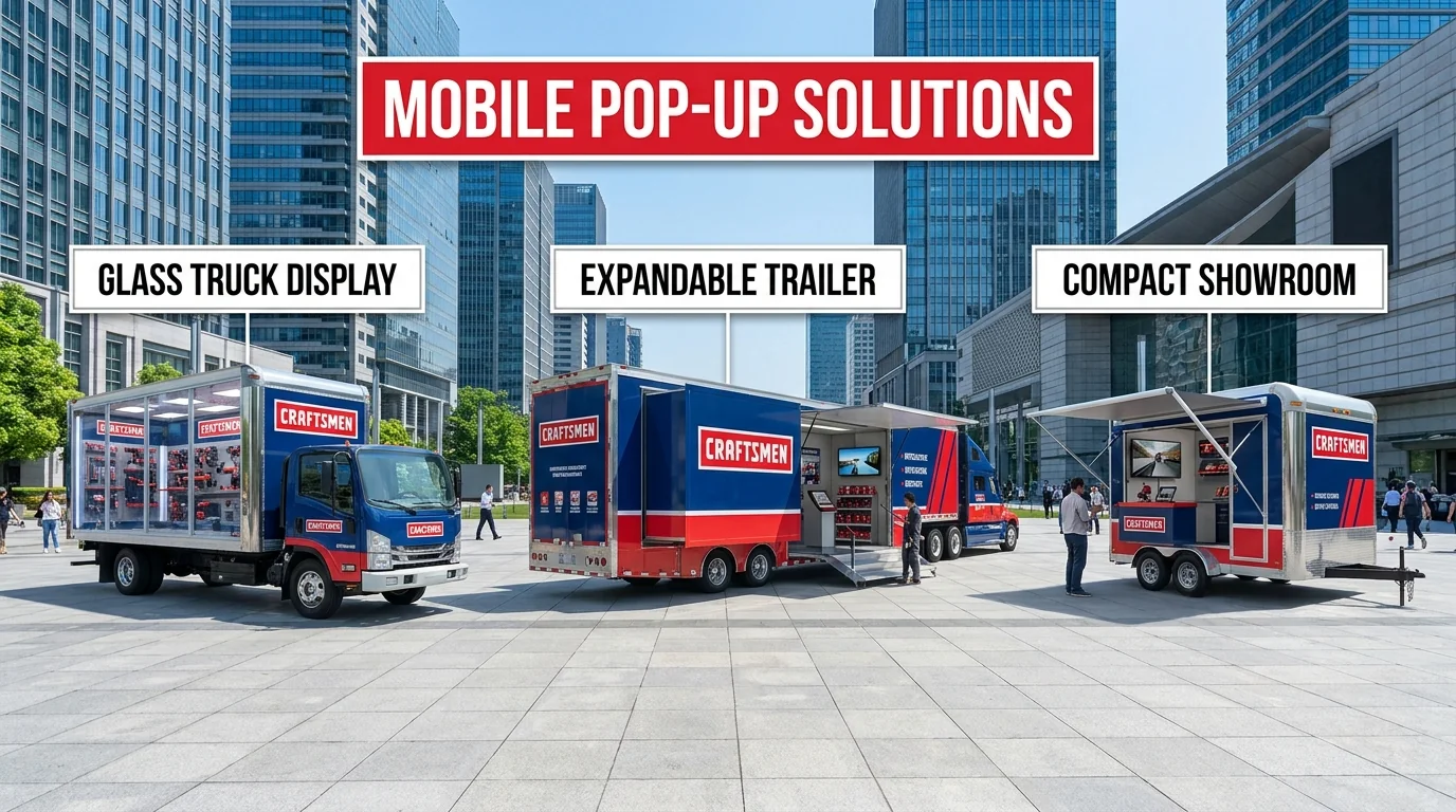 Mobile pop-up formats showing a glass display truck, expandable trailer and compact showroom.