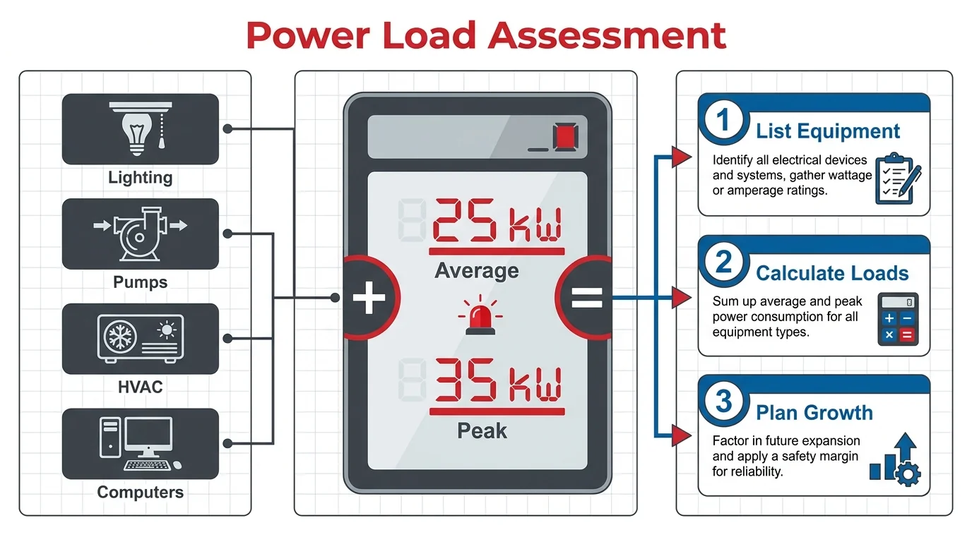Power load assessment guide showing lighting, pumps, HVAC and computers, with steps to list equipment, calculate loads and plan for growth.