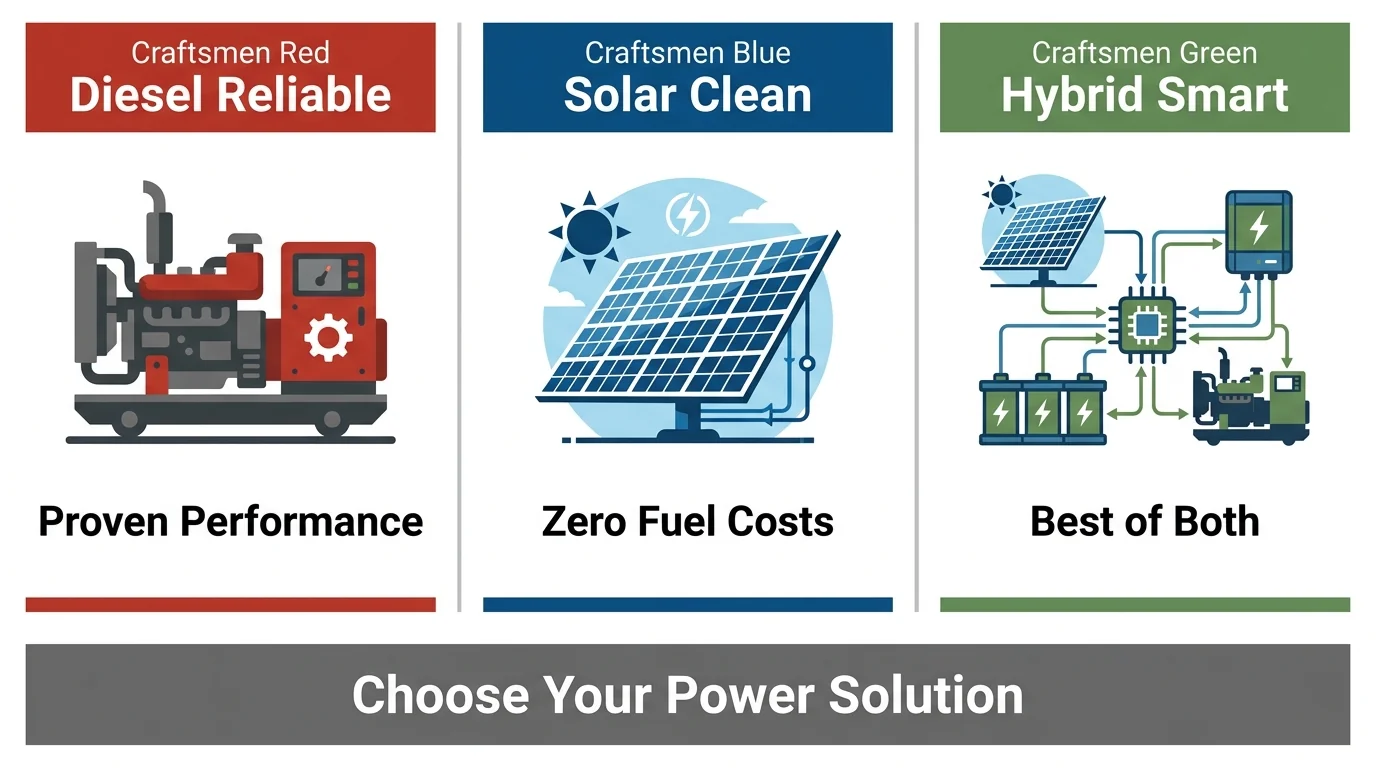 Comparison of diesel generators, solar power and hybrid power systems for remote sites.