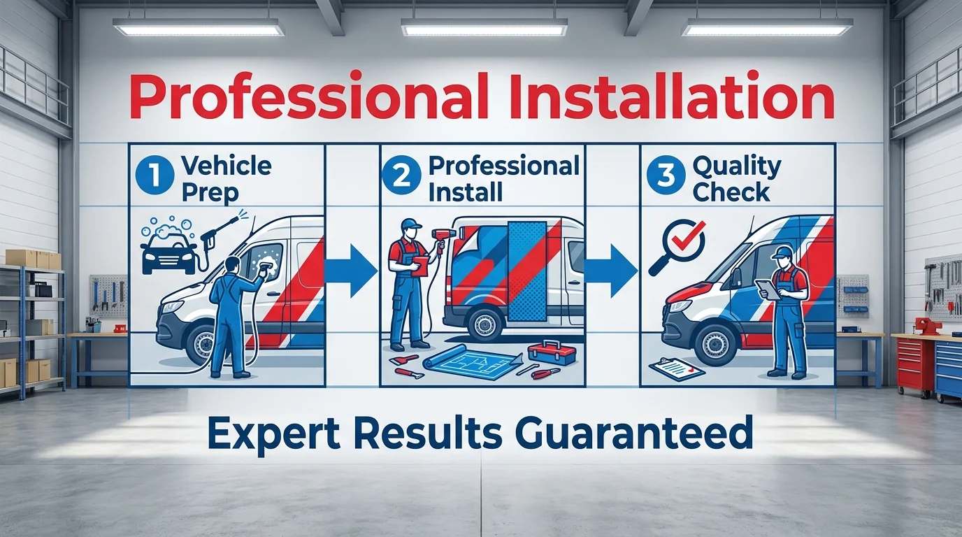 Three-stage fleet graphics installation illustration covering vehicle preparation, wrap application and quality checks.