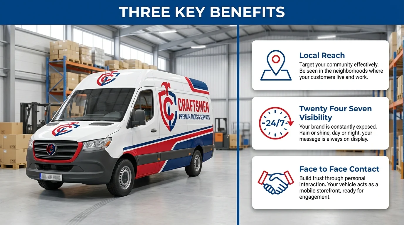 Branded promotional van beside a graphic highlighting local reach, ongoing visibility and face-to-face customer contact.