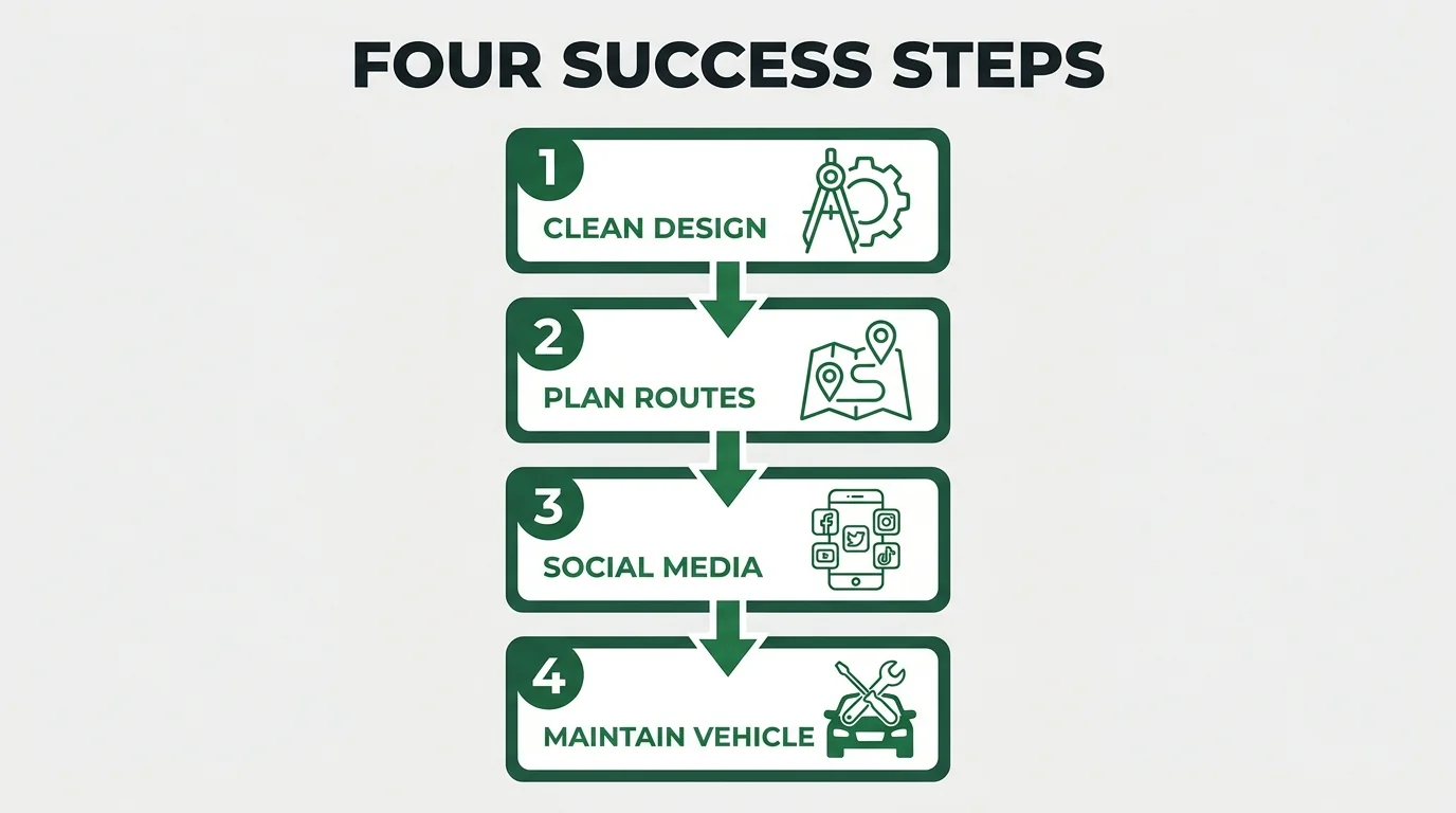 Four promotional vehicle campaign steps: clean design, route planning, social media promotion and vehicle maintenance.