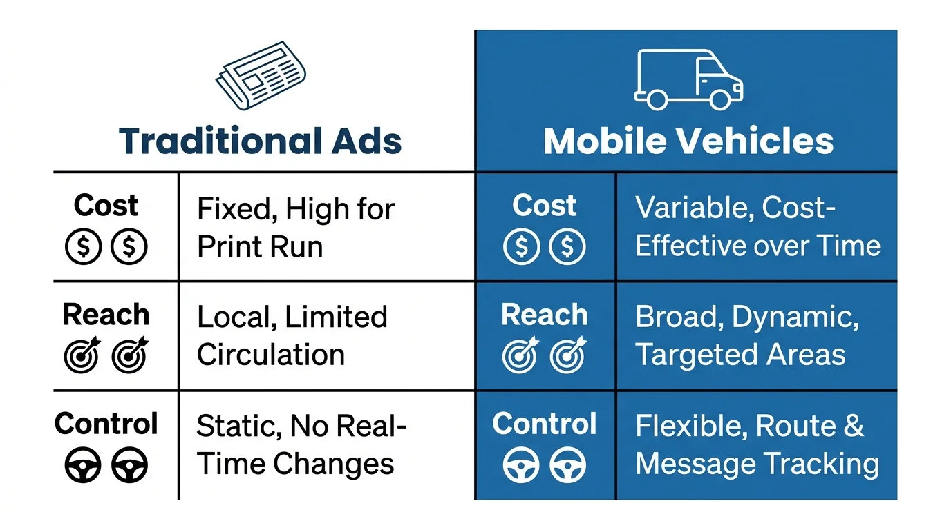 Comparison of traditional advertising and promotional vehicles across cost, reach and campaign control.