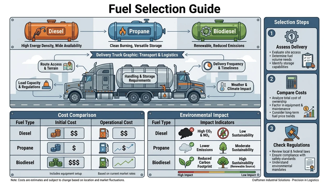 Remote fuel selection guide comparing diesel, propane and biodiesel with delivery, storage, cost and environmental considerations.