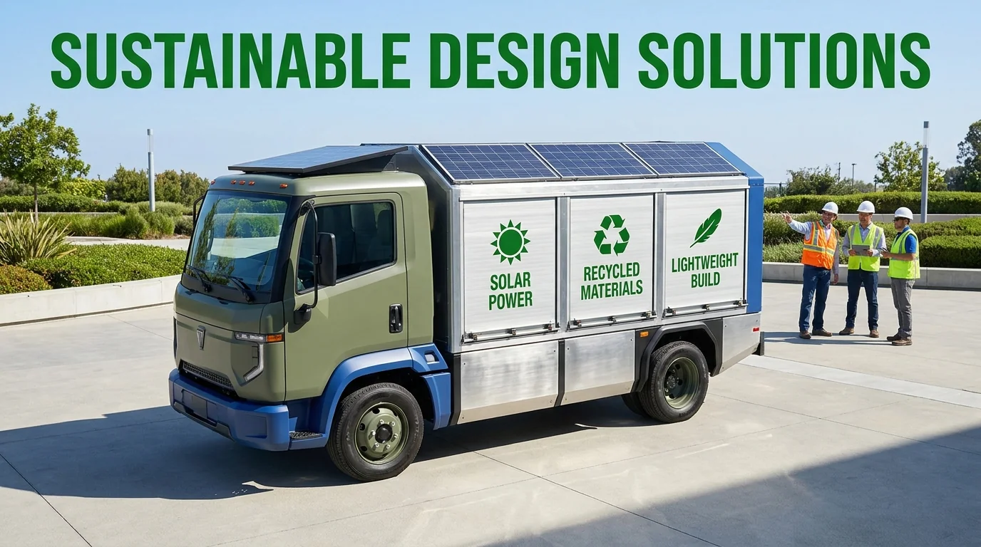 Sustainable vehicle design concept with rooftop solar panels, recycled materials and a lightweight body.