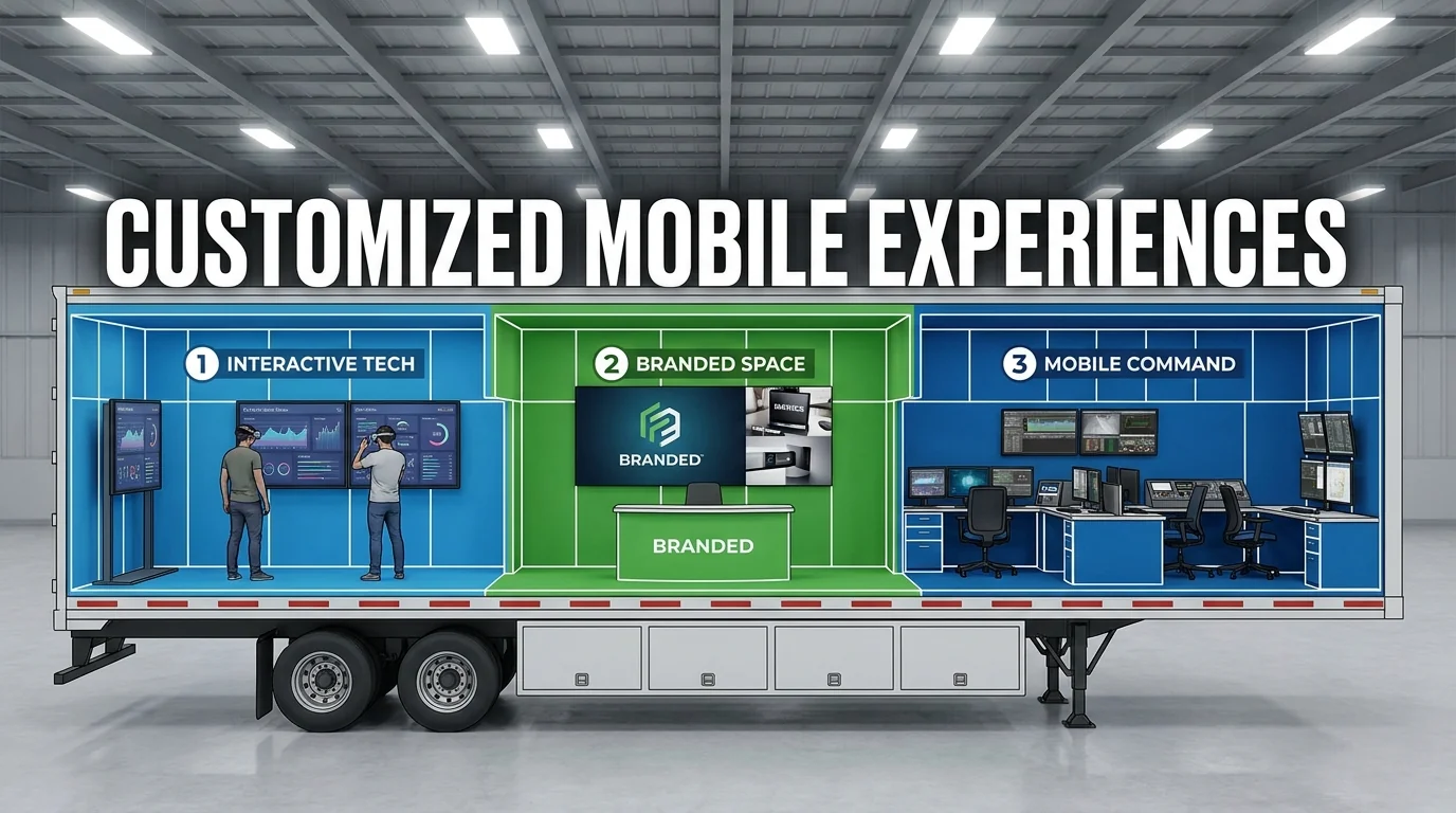 Cutaway technology activation trailer with interactive displays, a branded reception area and a mobile command workspace.