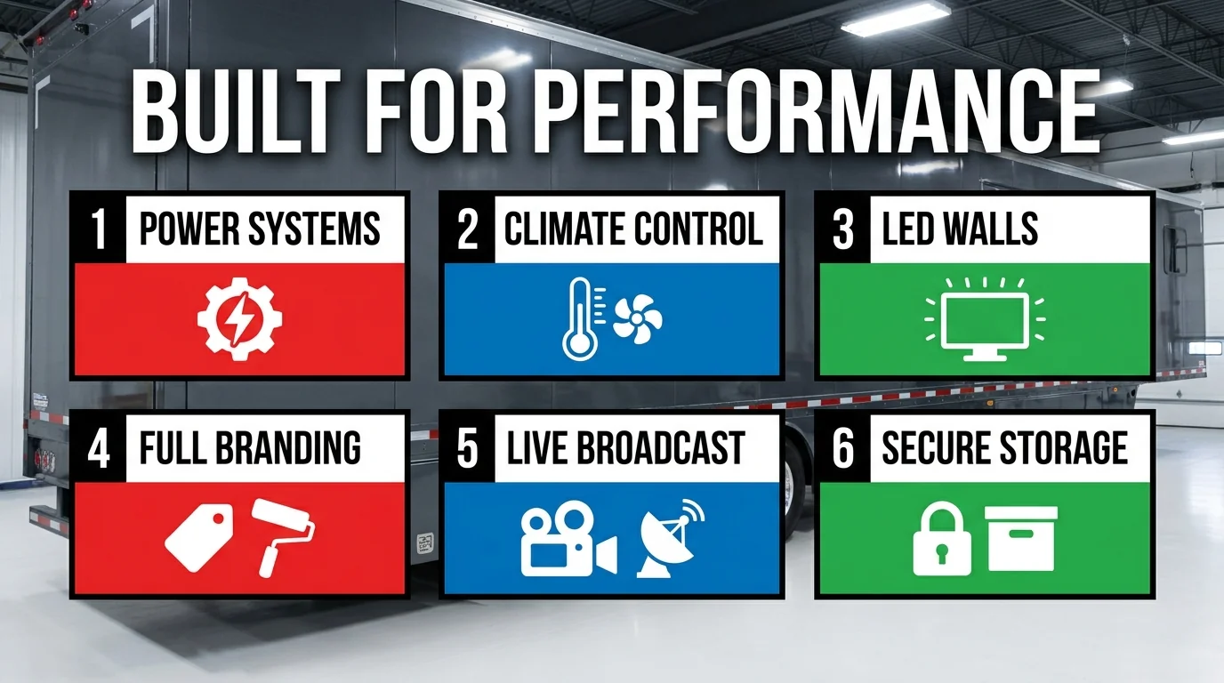 Technology unit features graphic covering power, climate control, LED walls, branding, live broadcasting and secure storage.