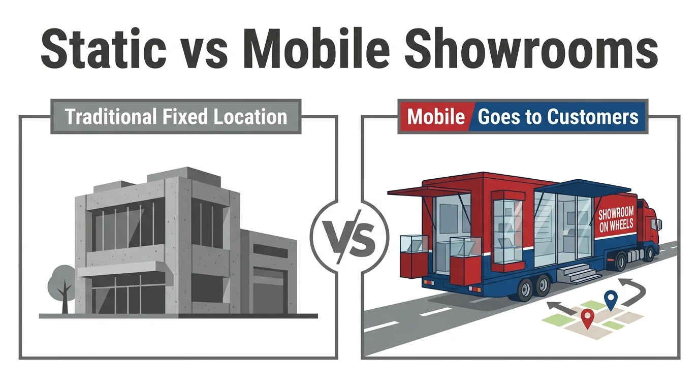 Comparison illustration showing a fixed-location showroom beside a mobile showroom that travels to customers.