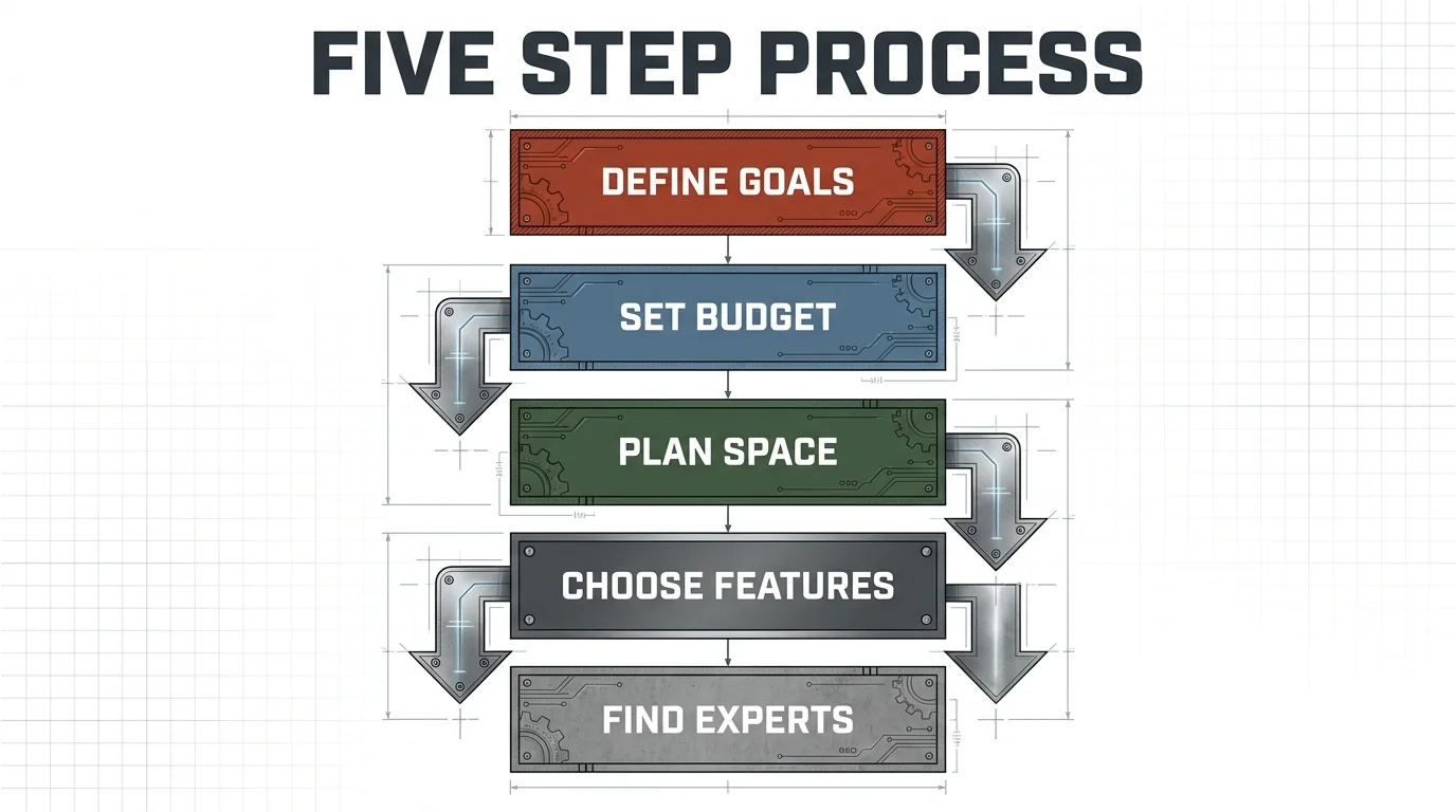 Five-step trailer selection process covering goals, budget, space, features and expert support.