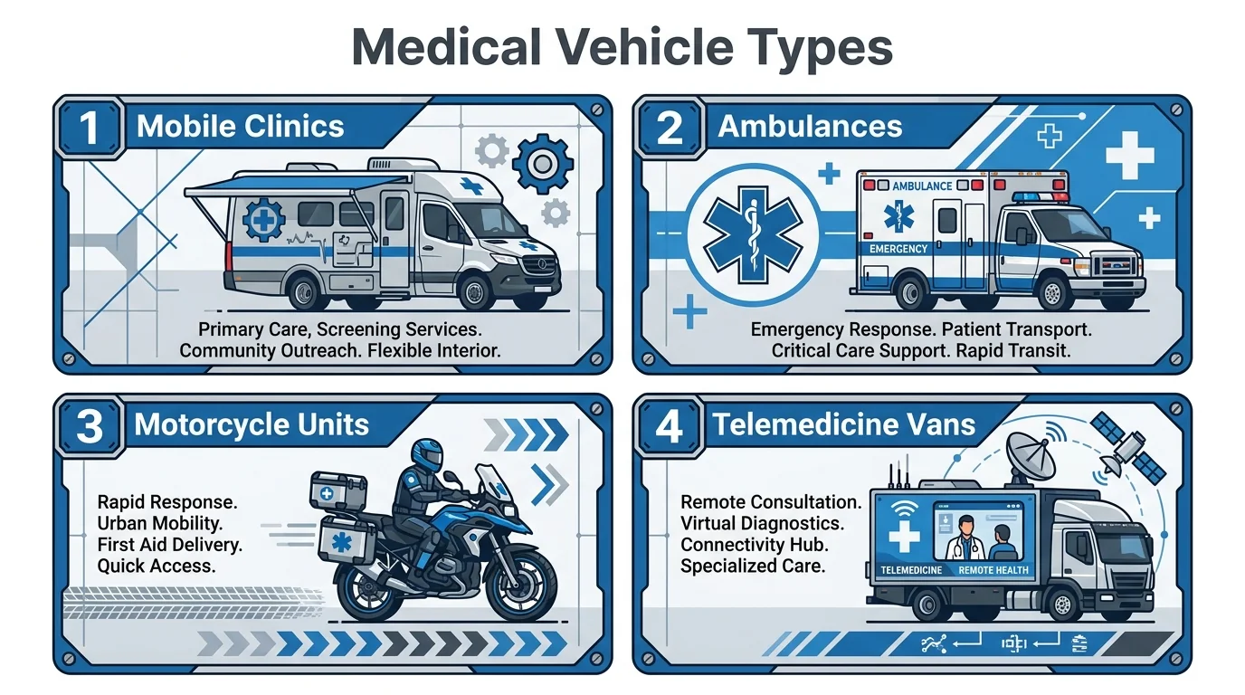 Four medical vehicle types illustrated: mobile clinics, ambulances, motorcycle response units and telemedicine vans.