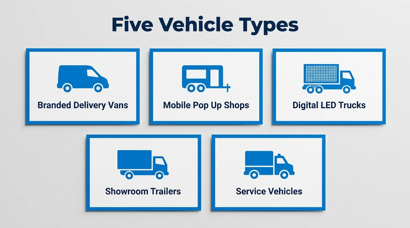 Five promotional vehicle formats: branded delivery vans, mobile pop-up shops, digital LED trucks, showroom trailers and service vehicles.