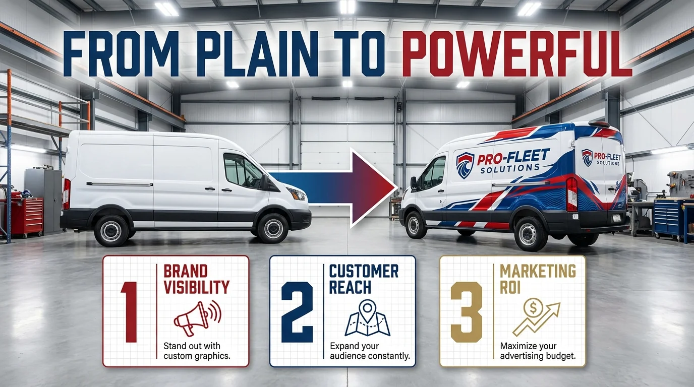 Before-and-after illustration of a plain delivery van transformed with branded fleet graphics.